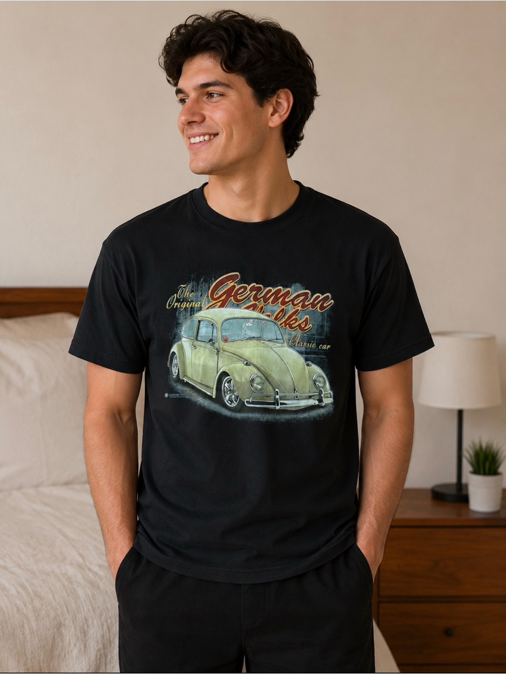 Black Graphic Tee with Vintage Green Car Print